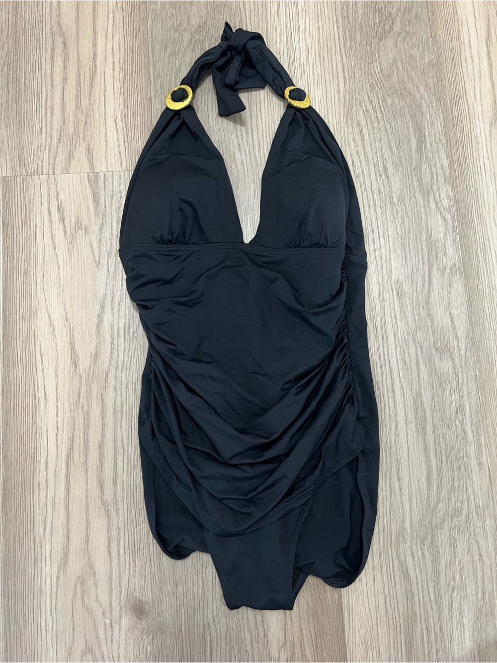 Lauren Ralph Lauren Black Halter One Piece Swimsuit Gold Ring Ruched Size 8